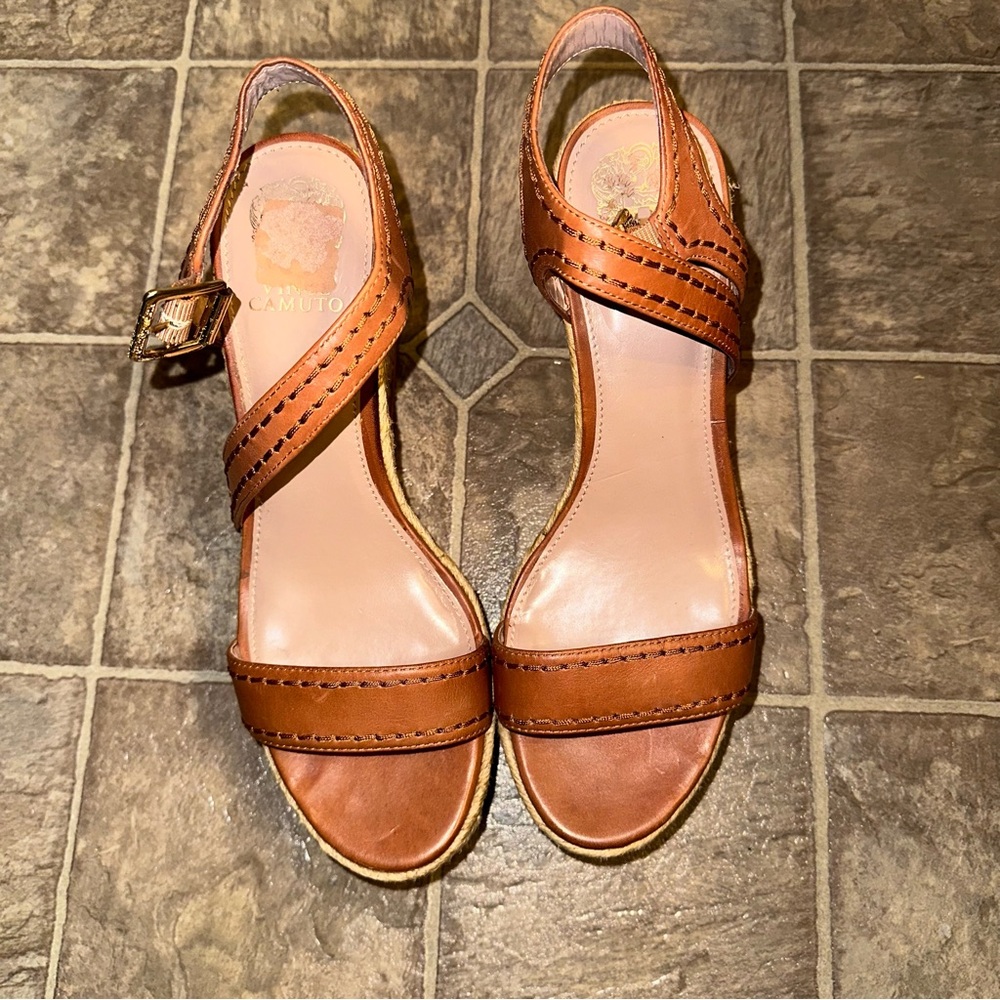 Vince Camuto Brown Leather Casual Heeled Wedge Sandals US 10/EU 40 - Picture 2 of 9